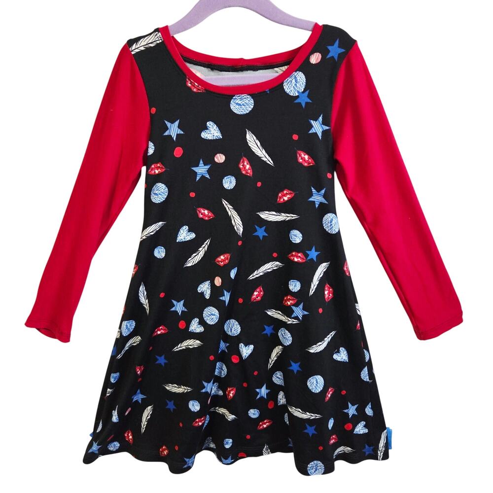 Long sleeve A-Line Dress Feather Star Lip Print Edgy Rocker Black Red Girls Sz 4